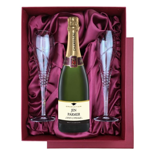 Personalised Champagne - Graduation Label in Red Luxury Presentation Set With Flutes